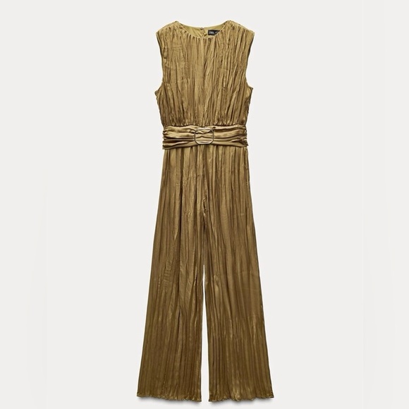 ZARA Like new! Classy Satin Jumpsuit w Buckle in Golden Bronze L - Picture 1 of 10